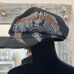Harley-Davidson Women’s Baker-Boy Black Cap with Embroidered Detail and Studded
